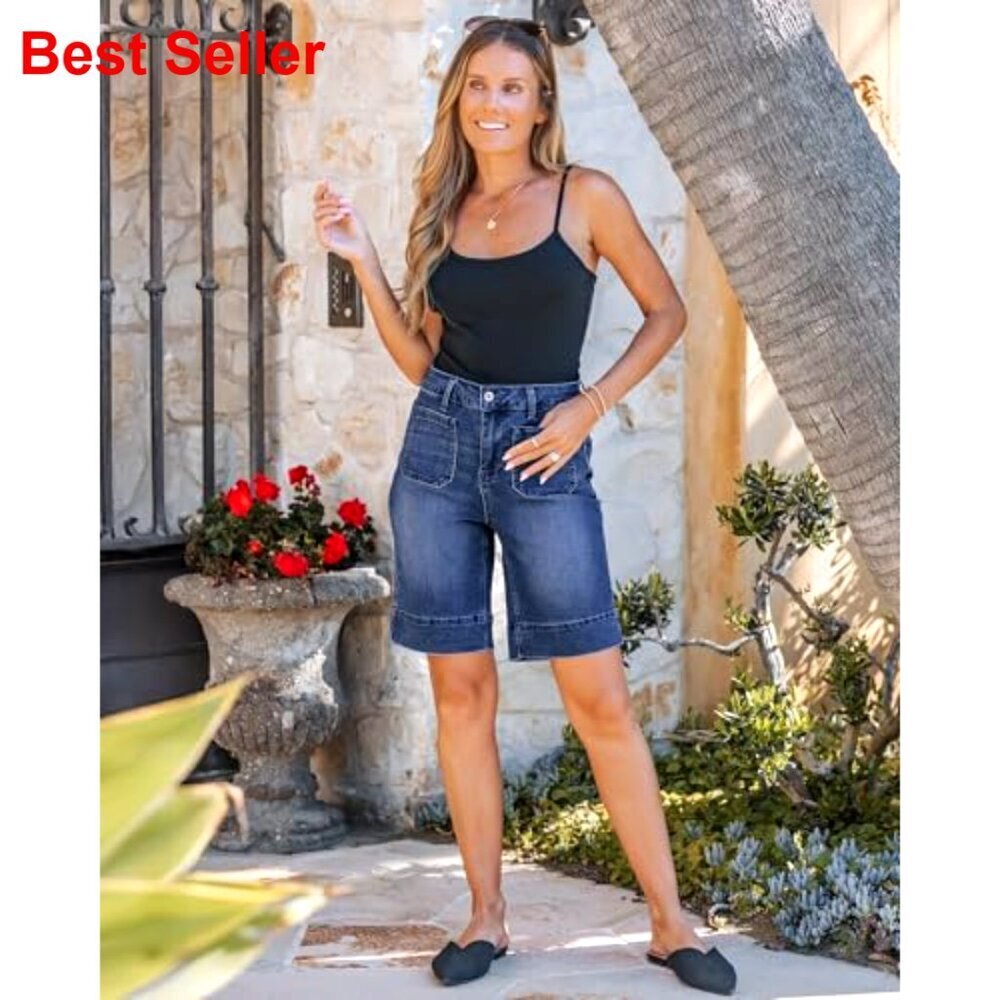High Waisted Denim Bermuda Shorts with Patch Pockets, Stretchy Fabric - Picture 5 of 7